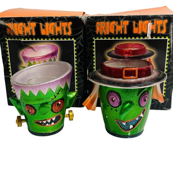 Department 56 Fright Lights Halloween Candle Holders Frankenstein Witch - Picture 1 of 10